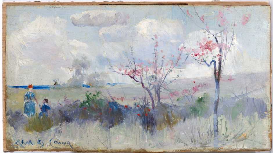Charles Conder, Herrick's Blossoms (c 1888), oil on cardboard, 131 x 240 cm, National Gallery of Australia, Parkes, ACT. Wikimedia Commons.