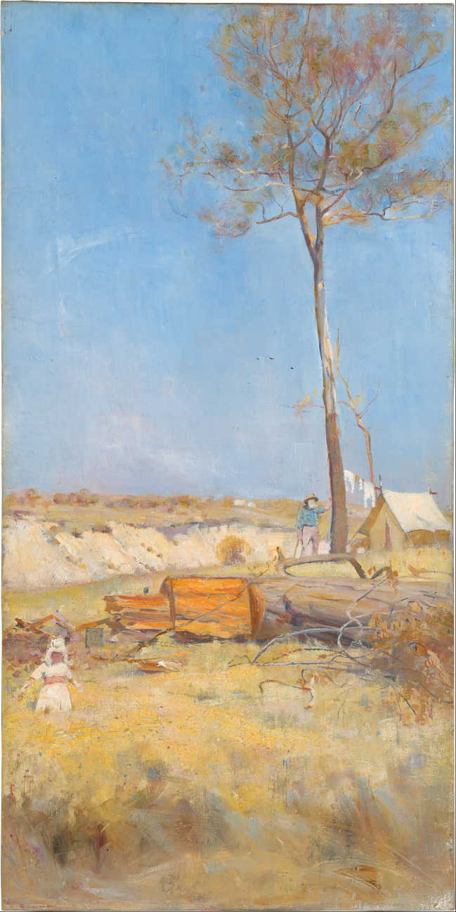 Charles Conder, Under a Southern Sun (Timber Splitter's Camp) (1890), oil on canvas, 71.5 x 35.5 cm, National Gallery of Australia, Parkes, ACT. Wikimedia Commons.