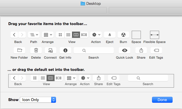 The Customise Toolbar… command in Finder's View menu lets you clean up and adjust the toolbar in Finder views.