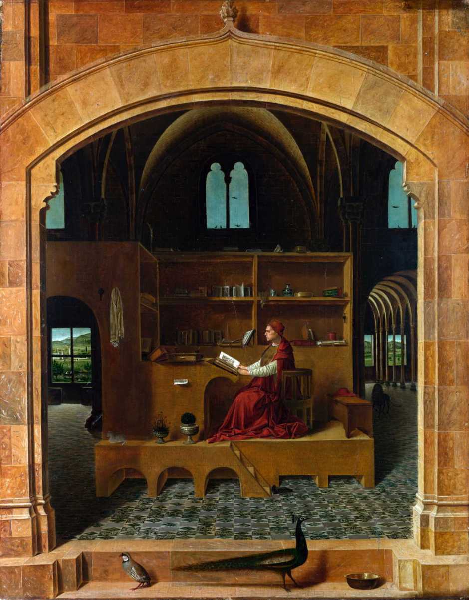 Antonello da Messina, Saint Jerome in his Study (c 1475), oil on lime, 45.7 x 36.2 cm, The National Gallery, London. Wikimedia Commons.