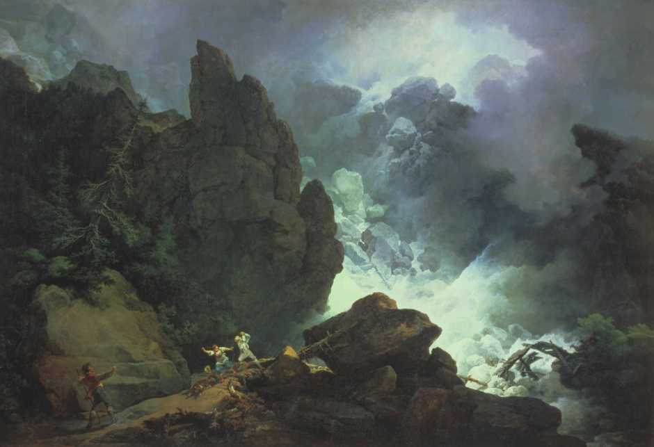 Philip James de Loutherbourg, An Avalanche in the Alps (1803), oil on canvas, 109.9 x 160 cm, Musée des Beaux-Arts de Strasbourg (loan from Tate Gallery, London). Wikimedia Commons.