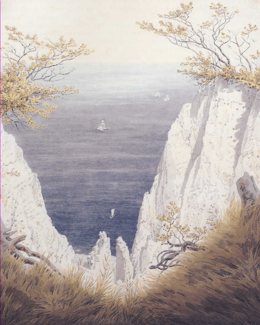 Caspar David Friedrich, Chalk Cliffs on Ruegen (c 1825-6), watercolor and pencil on paper, 31.7 x 25.2 cm, Museum der bildenden Künste, Leipzig. Wikimedia Commons.