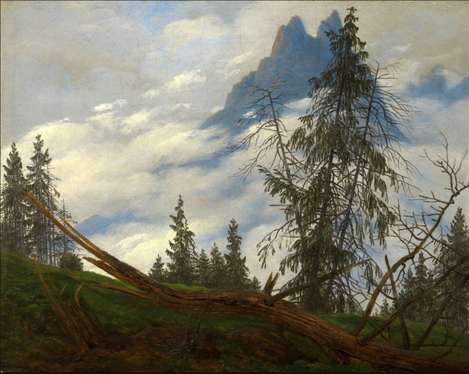 Caspar David Friedrich, Mountain Peak with Drifting Clouds (c 1835), oil on canvas, 25.1 × 30.6 cm, Kimbell Art Museum, Fort Worth, TX. Wikimedia Commons.