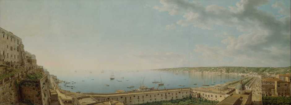 Giovanni Battista Lusieri, A View of the Bay of Naples, Looking Southwest from the Pizzofalcone Toward Capo di Posilippo (1791), Watercolor, gouache, graphite, and pen and ink on six sheets of paper, 101.8 x 271.9 cm, The J. Paul Getty Museum, CA. Wikimedia Commons.