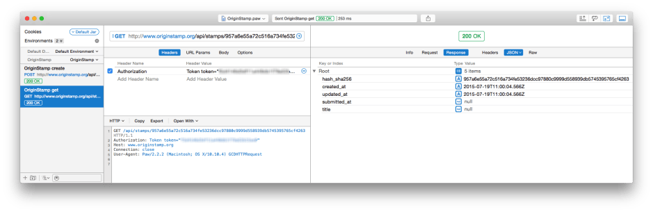 Using GET to retrieve the stamp for a given SHA-256 digest, again in Paw.