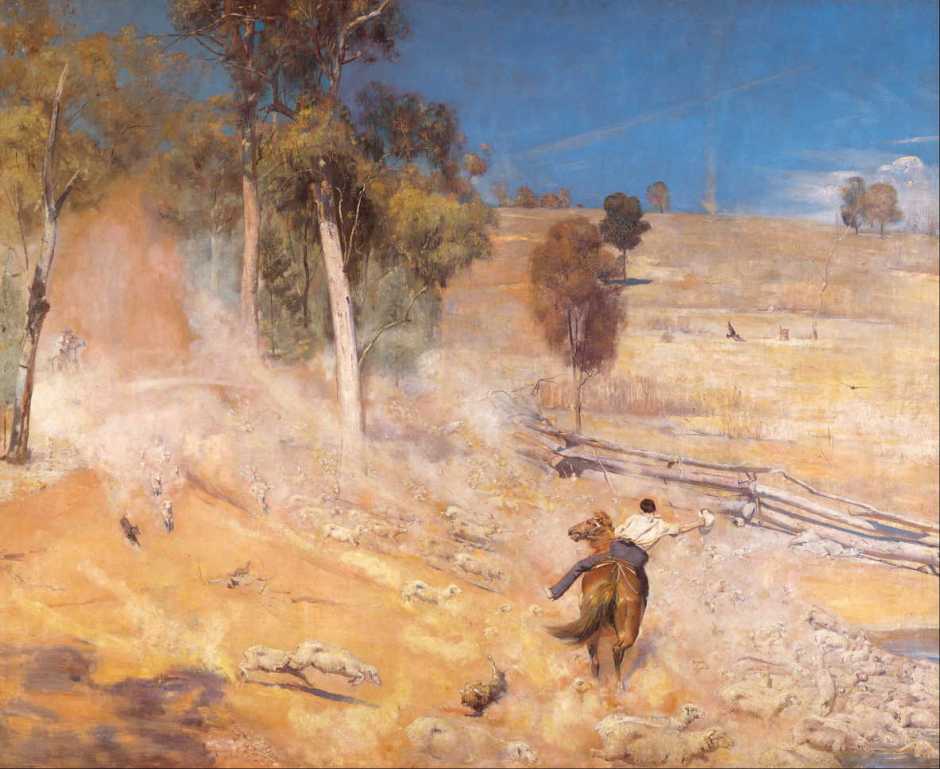 Tom Roberts, A Break Away! (1891), oil on canvas, 137.3 x 167.8 cm, Art Gallery of South Australia, Adelaide. Wikimedia Commons.