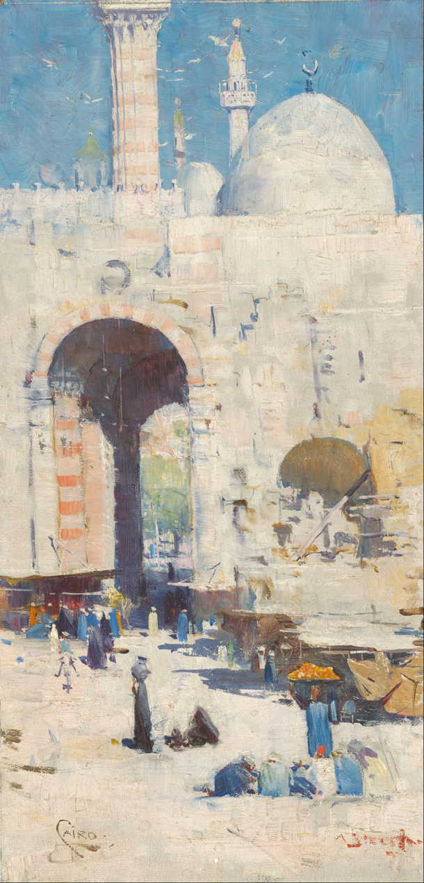 Arthur Streeton, Cairo Street (Mosque, Sultan Hassan) (1897), oil on canvas on paperboard, 33.4 x 17.1 cm, National Gallery of Australia, Parkes, ACT. Wikimedia Commons.