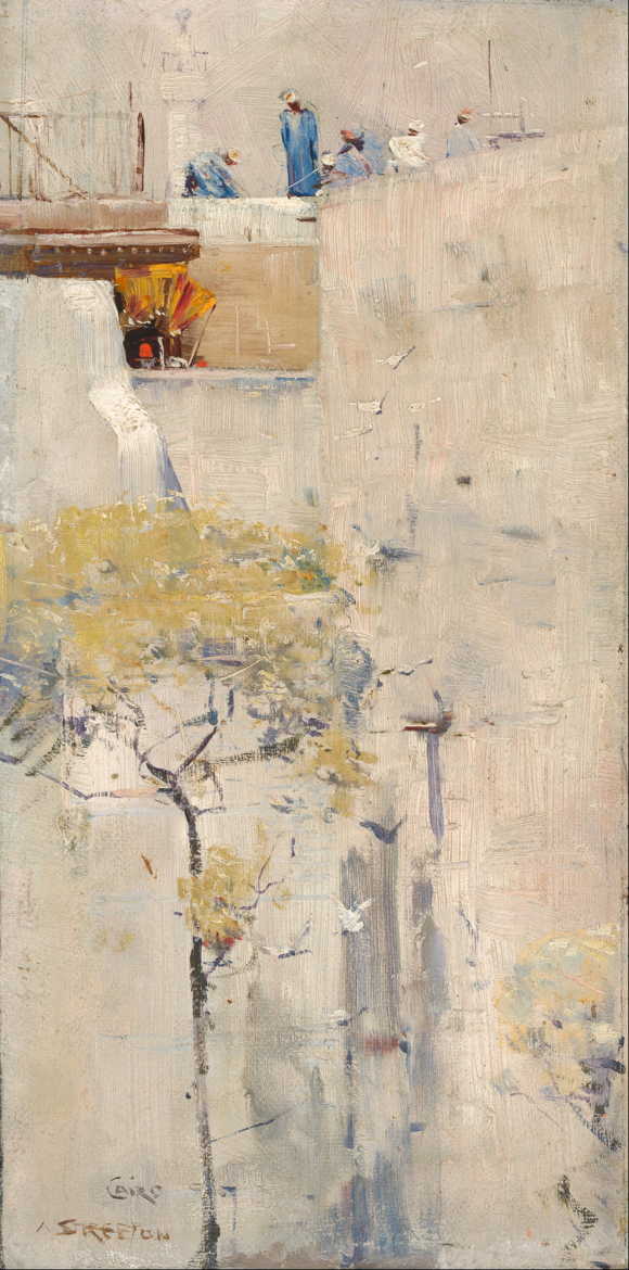 Arthur Streeton, (House Builders, Cairo) (c 1897), oil on canvas on paperboard, 24.2 x 13.3 cm, National Gallery of Australia, Parkes, ACT. Wikimedia Commons.