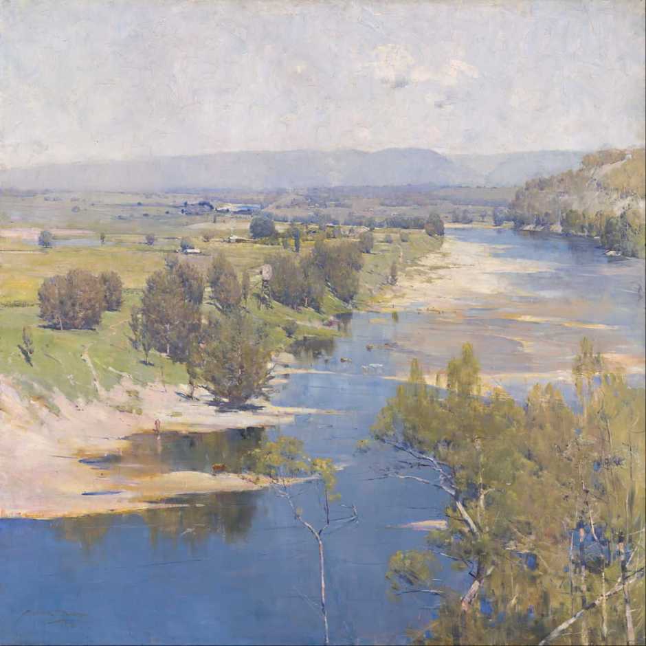 Arthur Streeton, The Purple Noon's Transparent Might (1896), oil on canvas, 123 x 123 cm, National Gallery of Victoria, Melbourne. Wikimedia Commons.
