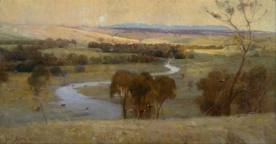 Arthur Streeton, Still Glides the Stream, and Shall for Ever Glide (1890), oil on canvas, 116 x 188.5 cm, Art Gallery of New South Wales, Sydney. Wikimedia Commons.
