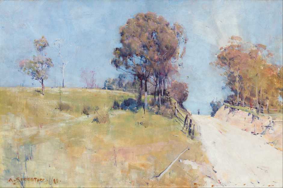 Arthur Streeton, Sunlight (Cutting on a Hot Road) (1895), oil on canvas, 30.5 x 45.8 cm, National Gallery of Australia, Parkes, ACT. Wikimedia Commons.