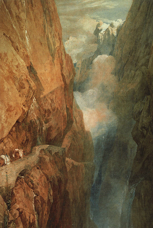 Joseph Mallord William Turner, The Passage of Mount St Gothard. Taken from the Centre of the Teufels Broch (Devil's Bridge), Switzerland (1804), watercolour and scraping out on paper, 98.9 x 68.6 cm, Abbot Hall Art Gallery, Kendal, Cumbria, England. WikiArt.