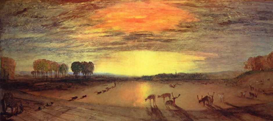 JMW Turner, Petworth Park: Tillington Church in the Distance (c 1828), oil on canvas, 60 x 145.7 cm, The Tate Gallery, London. Wikimedia Commons.