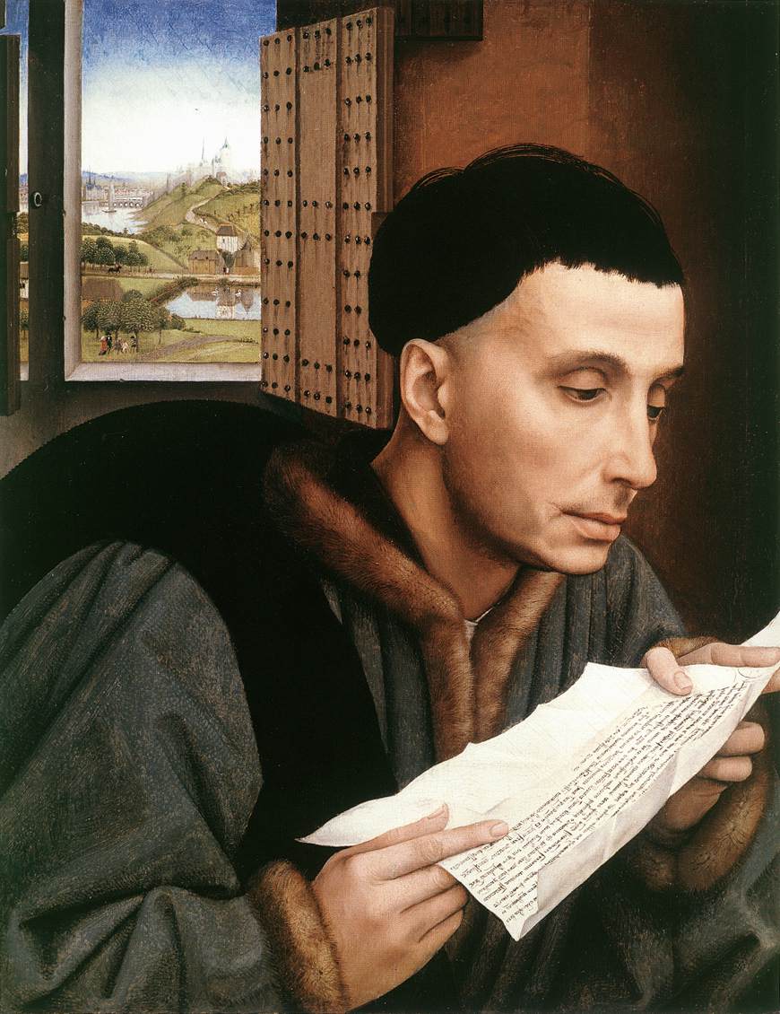 Rogier van der Weyden, Saint Ivo (Portrait of a Man Reading) (1450), oil on panel, 45 x 35 cm, The National Gallery, London. WikiArt.