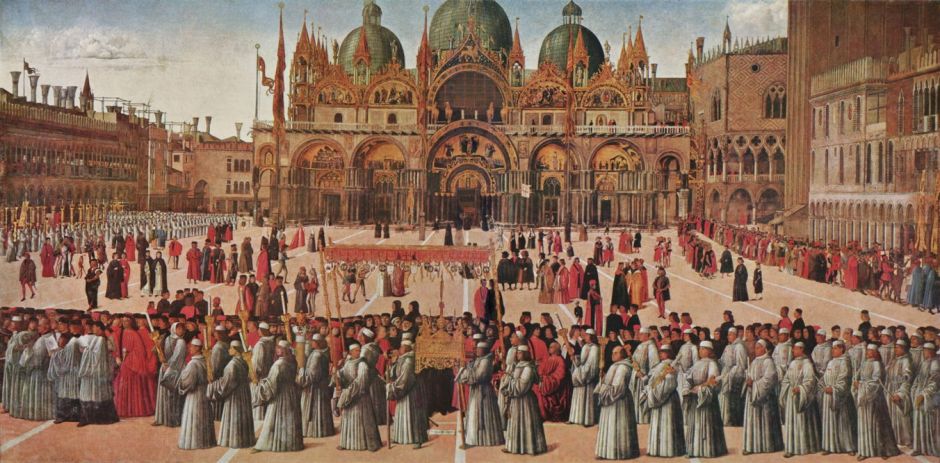 Gentile Bellini (1429–1507), Procession of the True Cross in Saint Mark's Square, Venice (1496), oil on canvas, 367 × 745 cm, Galleria dell'Accademia, Venice. Wikimedia Commons.