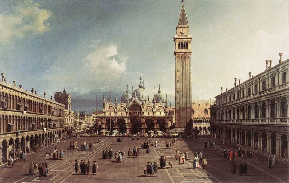 Canaletto (Giovanni Antonio Canal) (1697–1768), Piazza San Marco with the Basilica, Venice (c 1730), oil on canvas, 76 x 114.5 cm, Fogg Museum, Cambridge, MA. Wikimedia Commons.