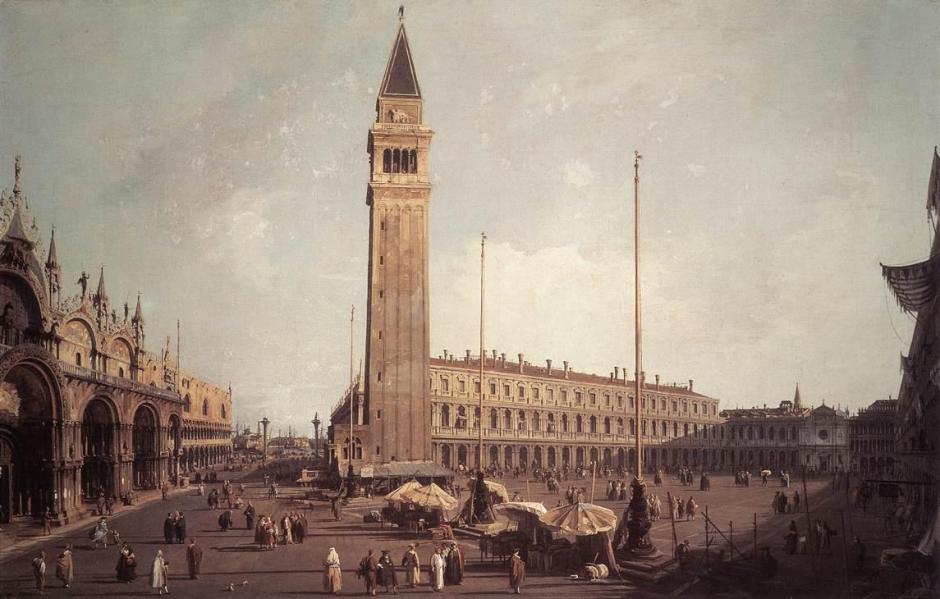 Canaletto, Piazza San Marco: Looking South-West (1755-9), oil on canvas, 67.3 x 102 cm, Wadsworth Atheneum, Hartford, CT. Wikimedia Commons.
