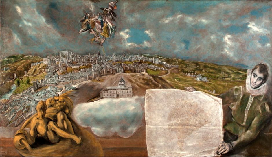 El Greco (Doménikos Theotokópoulos), View and Plan of Toledo (1610-4), oil on canvas, 132 x 228 cm, Museo del Greco, Toledo. Wikimedia Commons.