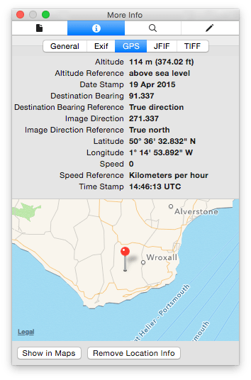 Preview gives full location info and additional details, but not all EXIF metadata.