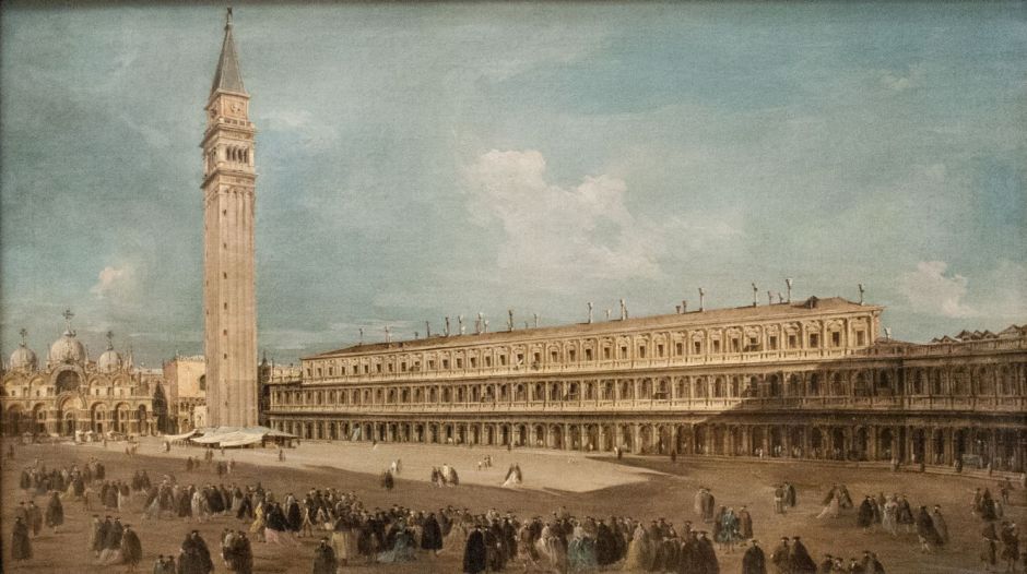 Francesco Guardi, Piazza San Marco in Venice (c 1770), oil on canvas, 50 x 85 cm, Nationalmuseum, Stockholm. Photo by Szilas, via Wikimedia Commons.