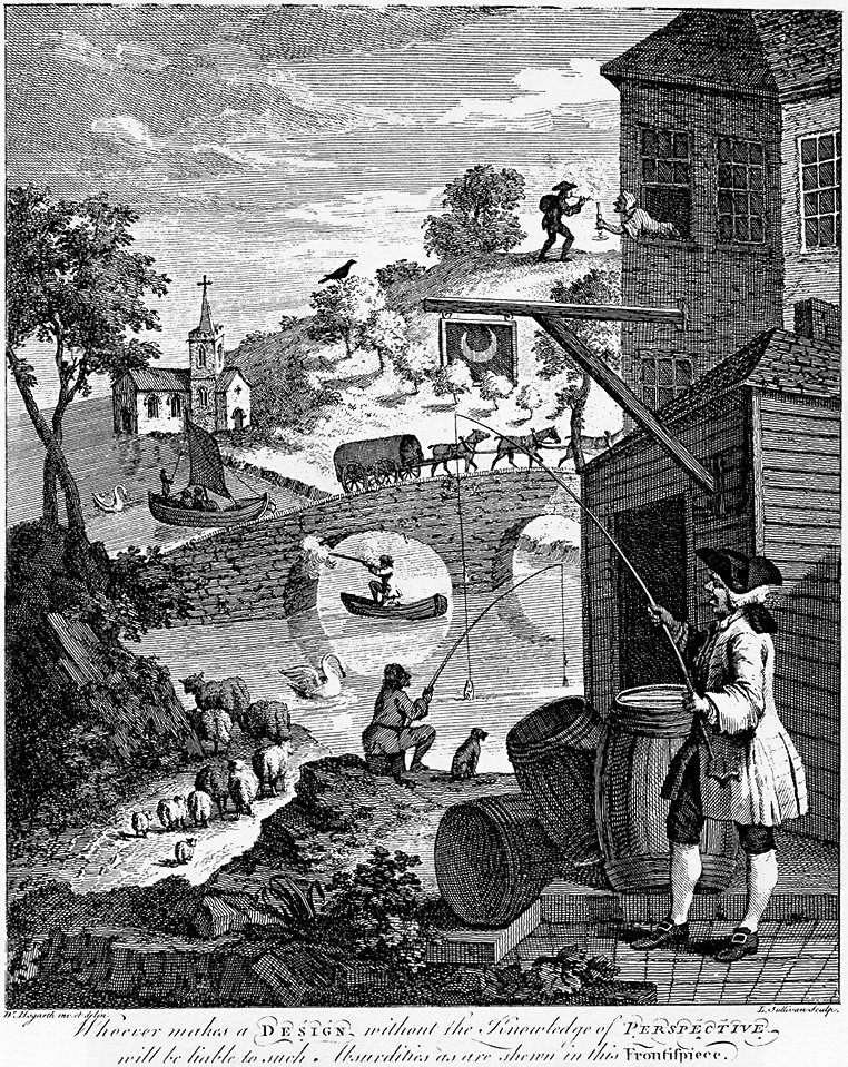 William Hogarth, Satire on False Perspective (1753), engraving for JJ Kirby's pamphlet on the subject. Wikimedia Commons.