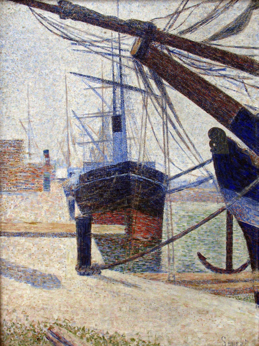 Georges Seurat, Corner of a Basin, Honfleur (1886), oil on canvas, 79.5 x 63 cm, Kröller-Müller Museum, Otterlo. Wikimedia Commons.