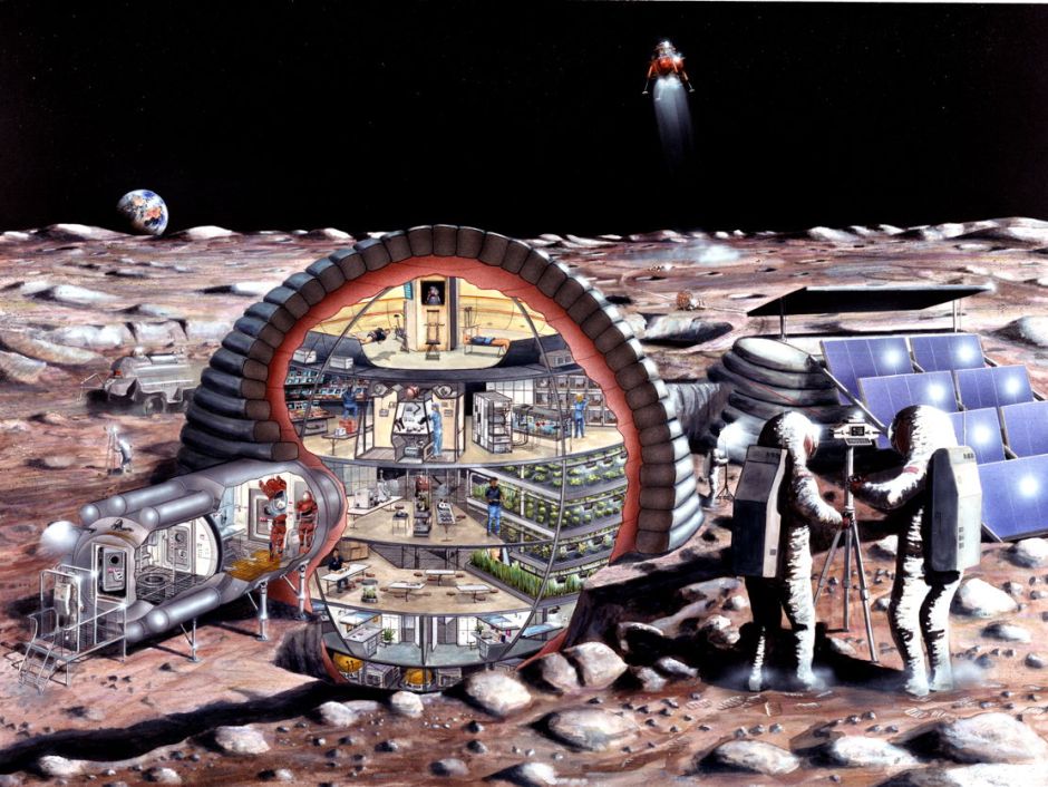 NASA, Kitmacher, Ciccora artists, Inflatable Module for Lunar Base (1989), media not known. By NASA, Kitmacher, Ciccora artists (S89-20084), via Wikimedia Commons 