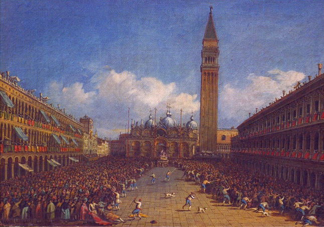 Michele Marieschi (1696–1743), The Procession in St. Mark`s Square in Venice (c 1740), oil on canvas, dimensions not known, State Museum of Arts of Uzbekistan, Tashkent, Uzbekistan. Wikimedia Commons.