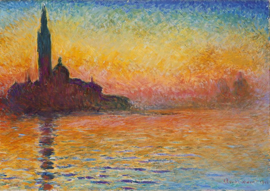 Claude Monet (1840–1926), San Giorgio Maggiore at Dusk (1908), oil on canvas, 65.2 × 92.4 cm, National Museum, Cardiff, Wales. Wikimedia Commons.