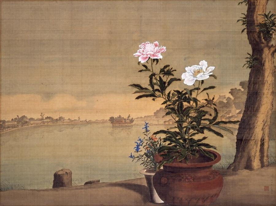 Odano Naotake (小田野直武) (1749-80), Shinobazu Pond (不忍池) (Edo, 1770s), colour on silk, 98.5 × 132.5 cm, Akita Museum of Modern Art, Yokote, Akita. Wikimedia Commons.