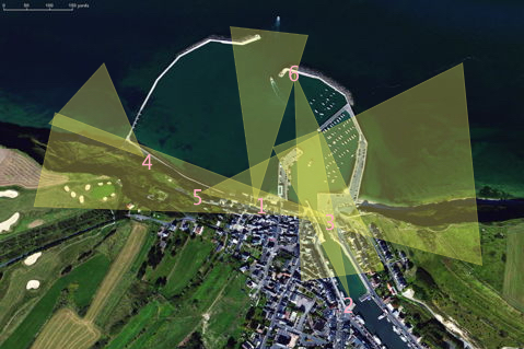 Satellite view of Port-en-Bessin marked up with probable sites and arcs of view for Seurat's paintings of 1888.
