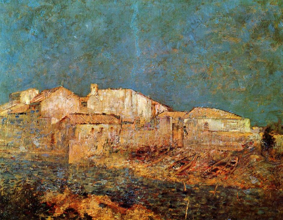 Odilon Redon (1840-1916), Venetian Landscape, or Fishing District in Venice (c 1908), oil on canvas, 52 x 67 cm, Musée des Beaux Arts, Bordeaux. WikiArt.