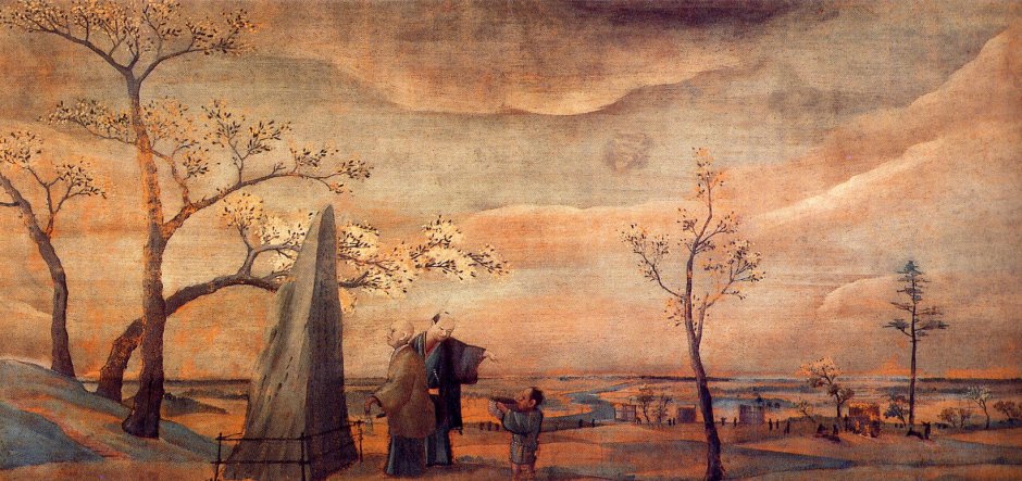 Shiba Kōkan (司馬 江漢) (1747-1818), Asukayama (Edo, c 1800), oil, 32 x 69 cm, Koriyama City Museum of Art, Fukushima. Wikimedia Commons.