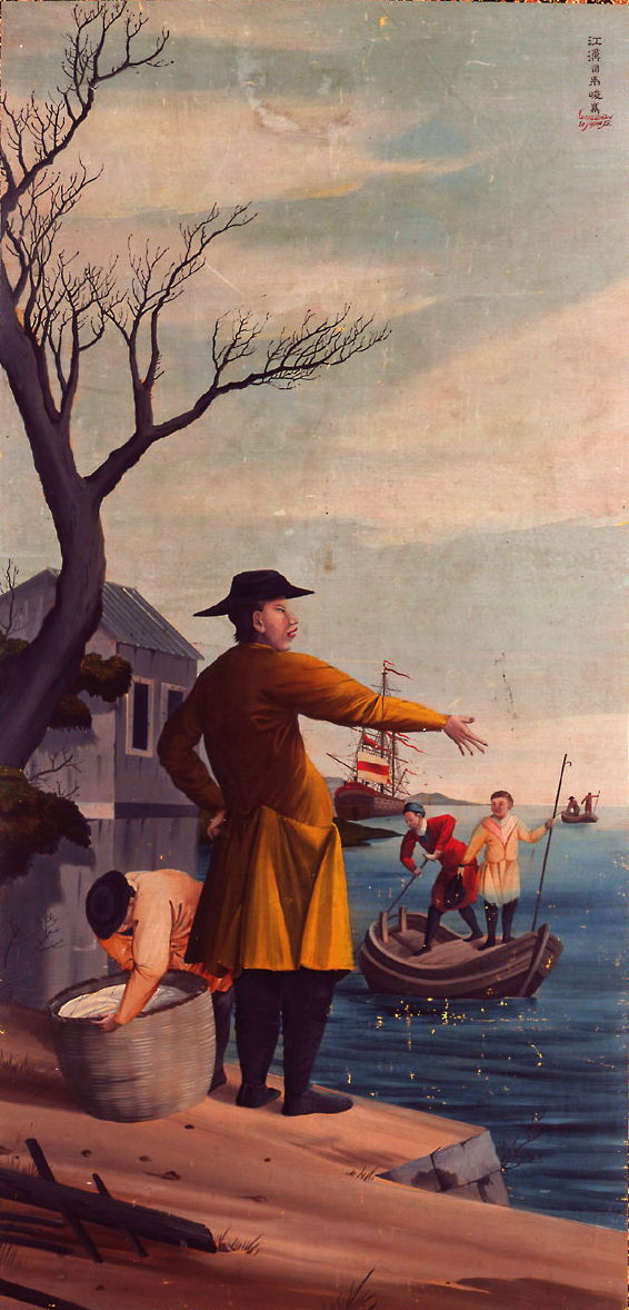 Shiba Kōkan (司馬 江漢) (1747-1818), Man on a Pier (Edo, 1790), oil on silk, 115 x 56 cm, Kobe Museum, Kobe. Wikimedia Commons.