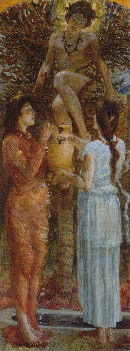 Shigeru Aoki (青木 繁) (1882-1911), Paradise Under the Sea (わだつみのいろこの宮) (1907), oil, 180 x 68.3 cm, Ishibashi Museum of Art, Kurume, Fukuoka, Japan. Wikimedia Commons.