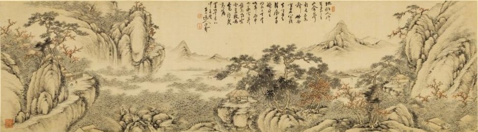 Tanomura Chokunyū, Great View of Mountain and River (Meji, 1896), ink and color on silk handscroll, dimensions not known, Honolulu Museum of Art. Wikimedia Commons.