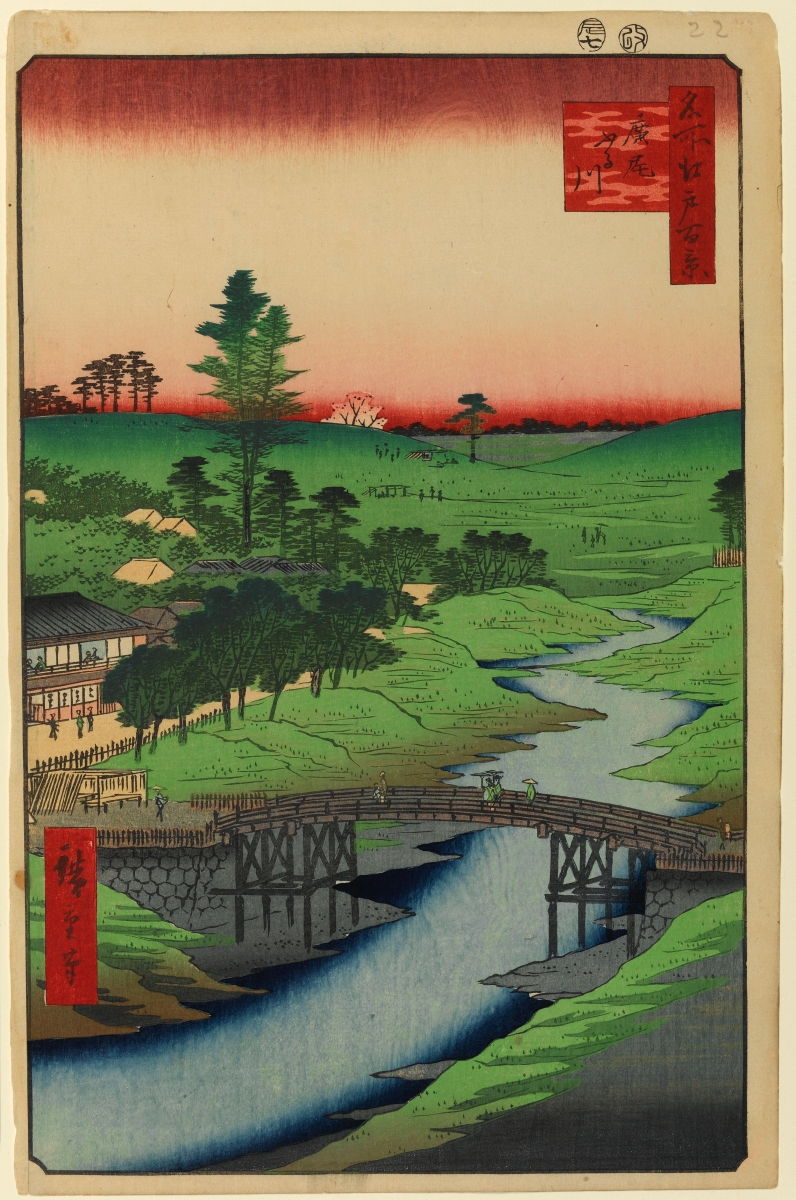 Utagawa Hiroshige (歌川広重) (1797–1858), Furukawa River, Hiroo (広尾ふる川) (Edo, 1856), woodblock print, Brooklyn Museum, New York, NY. Wikimedia Commons.