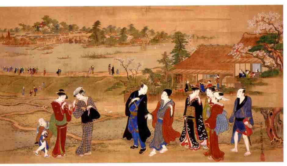 Utagawa Toyoharu (歌川 豊春) (1733-1814), Picture of an excursion to Mukōjima (Edo, before 1814), uki-e print. Wikimedia Commons. 