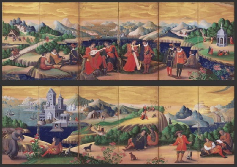 Anonymous, Westerners Playing Music (Momoyama, c 1600), colours on paper, six-fold screen, 93 x 302 cm, Eisei Bunko Museum, Tokyo. Wikimedia Commons.