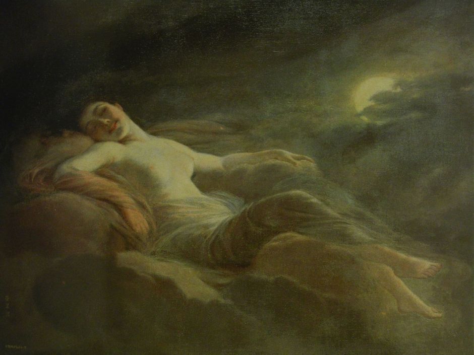 Yamamoto Hōsui (山本芳翠)(1850-1906), Nude Woman under the Moon (月下の裸婦) (1882-6), oil, 82 x 120 cm, location not known. Wikimedia Commons.