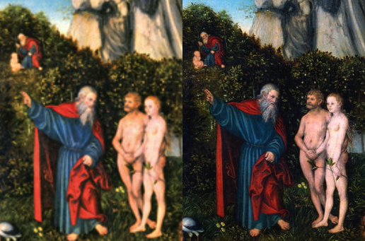 Detail of example illustration from iBook (left), and the same area from this blog (right).