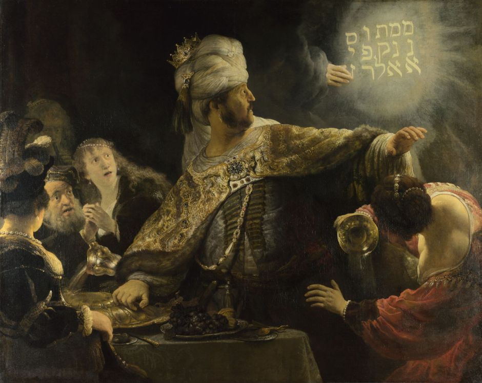 Rembrandt Harmenszoon van Rijn (1606-69), Belshazzar's Feast (c 1635-8), oil on canvas, 167.6 x 209.2 cm, The National Gallery, London. Courtesy of the National Gallery, via Wikimedia Commons.
