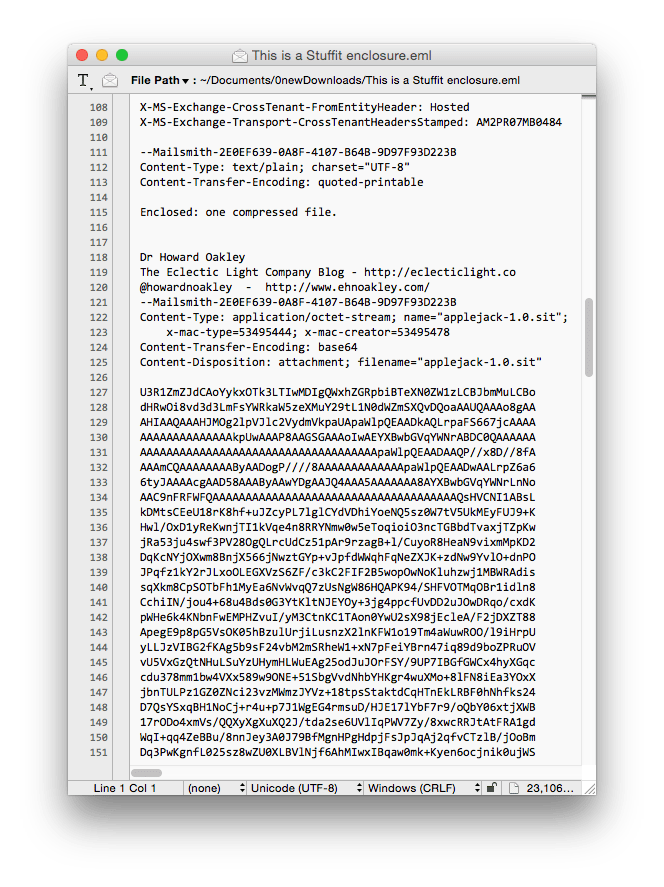 A Base64 encoded file, viewed as a message source.