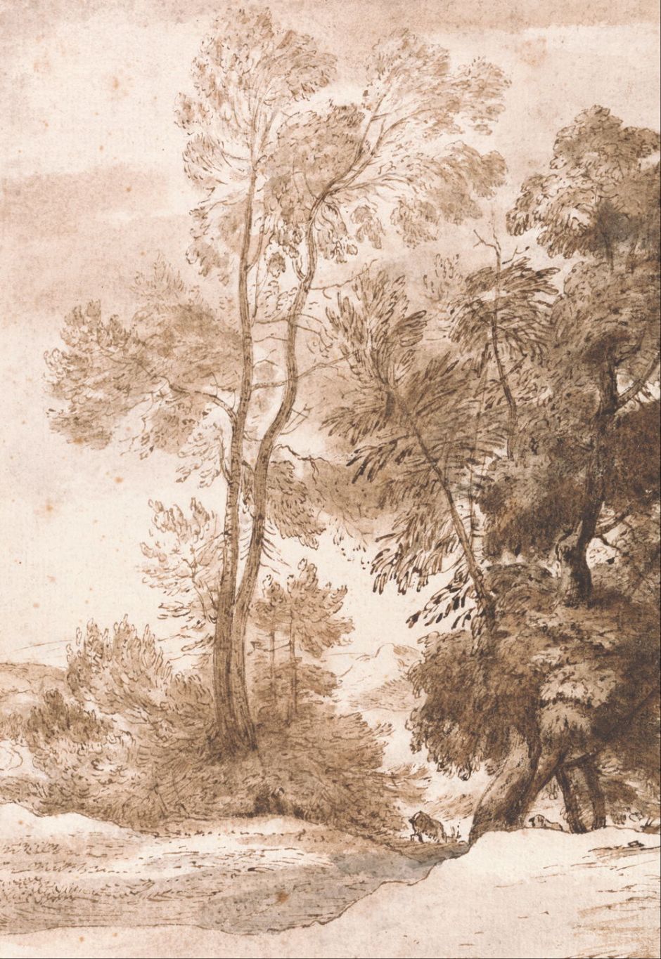 John Constable (1776–1837), Trees and Deer (1825), pen and brown ink with brown and gray wash on medium, rough, cream laid paper, 28.9 x 20 cm, Yale Center for British Art, New Haven, CT. Wikimedia Commons.