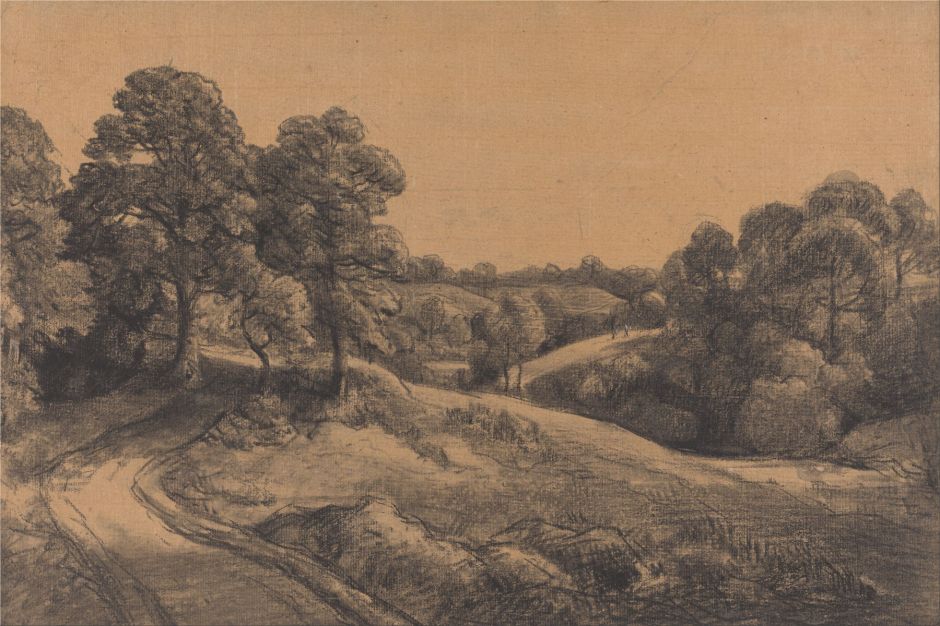 John Constable (1776–1837), Wooded Slope with a Receding Road (c 1805), black chalk and white chalk with stumping on Medium, rough, beige laid paper, 34.6 x 51.1 cm, Yale Center for British Art, New Haven, CT. Wikimedia Commons.