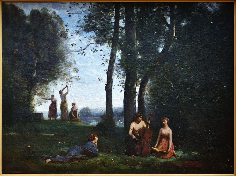 Jean-Baptiste-Camille Corot (1796–1875), Le Concert Champêtre (Woodland Musicians) (1857), oil on canvas, 130 x 98 cm, Musée Condé, Chantilly, France. Wikimedia Commons.