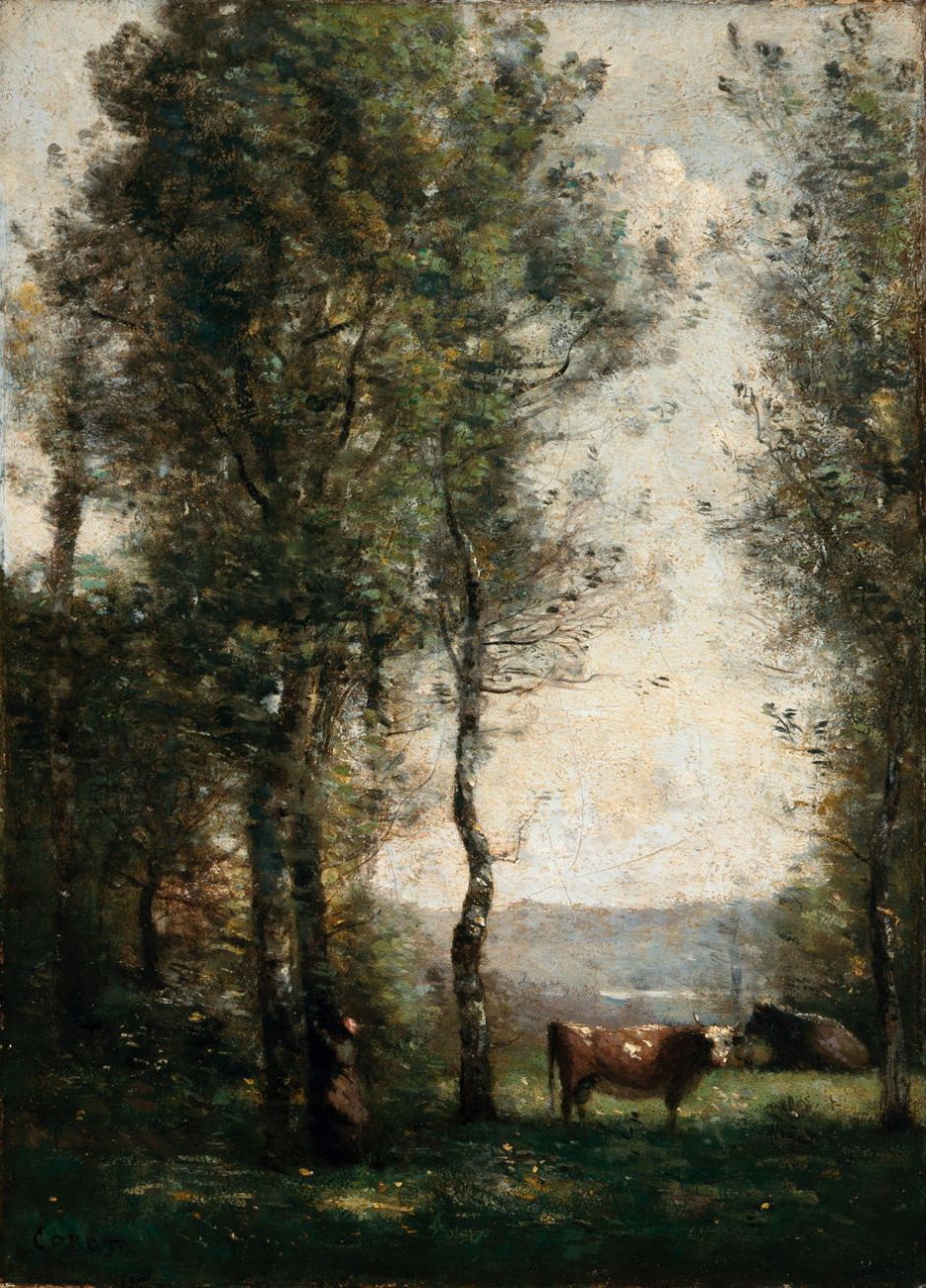Jean-Baptiste-Camille Corot (1796–1875), Wooded Landscape with Cows in a Clearing (c 1855), oil on canvas, 41.9 × 29.8 cm, Los Angeles County Museum of Art, Los Angeles, CA. Courtesy of Los Angeles County Museum of Art, via Wikimedia Commons.