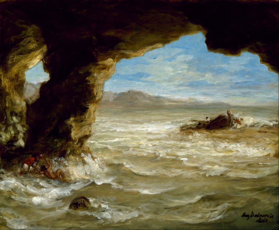 Eugène Delacroix (1798–1863), Shipwreck off a Coast (1862), oil on canvas, 38.1 x 45.1 cm, Museum of Fine Arts, Houston, TX. Wikimedia Commons.