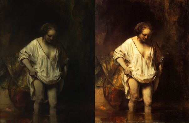 Rembrandt Harmenszoon van Rijn, A Woman bathing in a Stream (1654), oil on panel, 61.8 x 47 cm, National Gallery, London. Left: National Gallery version, courtesy of the National Gallery; right Wikimedia Commons version.