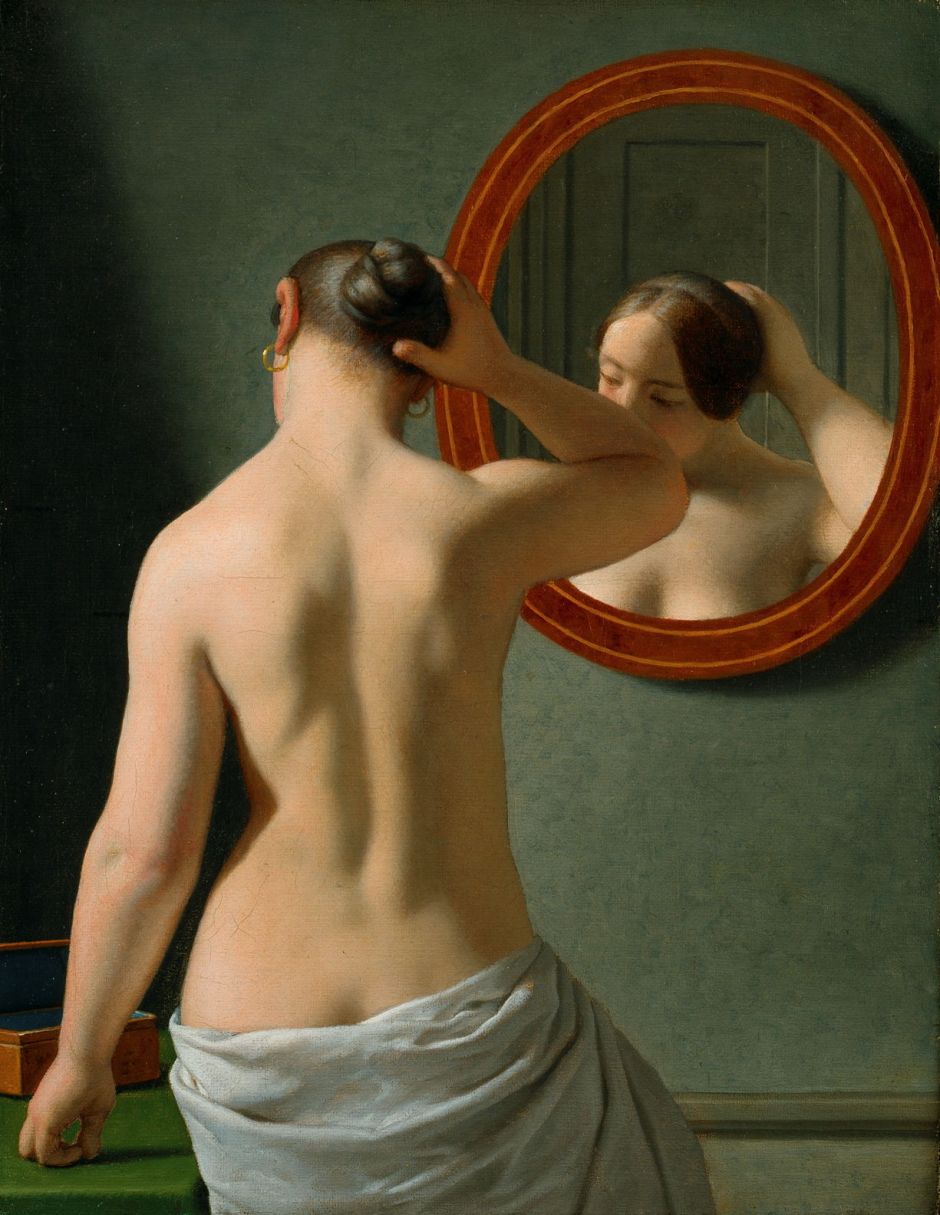 Christoffer Wilhelm Eckersberg (1783-1853), Woman Standing in Front of a Mirror (1841), oil on canvas, 33.5 x 26 cm, The Hirschsprung Collection. Wikimedia Commons.
